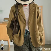 【ACheter】 韓版秋季華夫格休閒寬鬆顯瘦經典純色百搭長袖中長版西裝外套# 113711 L 黃色