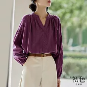 【初色】肌理暗紋長袖襯衫上衣-紫色-63603(M-2XL可選) L 紫色