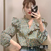 【Jilli~ko】法式複古碎花木耳邊襯衫 J9363 FREE 中藍