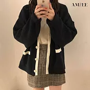 【AMIEE】慵懶復古撞色V領毛衣外套(KDC-0909) F 黑色