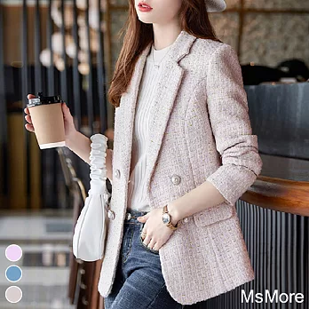 【MsMore】 秋冬新款小香風氣質雙排扣長袖寬鬆短版西裝毛呢外套大衣 # 113702 L 粉紅色