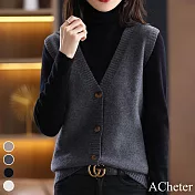 【ACheter】 秋季新款針織開衫無袖V領寬鬆外搭背心外套 # 113765 FREE 灰色
