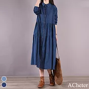 【ACheter】 秋裝新款長袖寬鬆襯衫領磨白拼接褶皺大擺寬鬆牛仔長版洋裝# 114026 XL 深藍