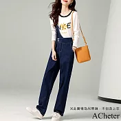 【ACheter】 時尚氣質洋氣百搭設計感腰帶新款女式背帶牛仔長寬鬆褲# 114082 L 藏青