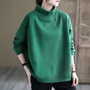 【ACheter】 秋冬季加絨高領T寬鬆大碼保暖長袖短版上衣# 114131 L 綠色