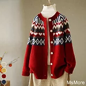 【MsMore】 復古愛心緹花圓領長袖針織寬鬆毛衣中長版外套# 113849 FREE 紅色
