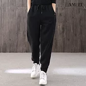 【AMIEE】保暖加絨百搭舒適運動棉褲(KDP-7067) XL 黑色