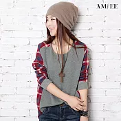 【AMIEE】韓版拚接格紋設計感長袖上衣(KDT-8245F) M 灰色