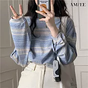 【AMIEE】設計感彩色條紋長袖T恤(KDT-8503) M 牛仔藍