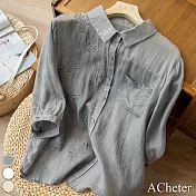 【ACheter】 文藝復古寬鬆休閒刺繡七分袖棉麻襯衫短版百搭上衣 # 114321 2XL 灰色