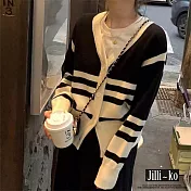 【Jilli~ko】秋季新款撞色條紋拼色V領針織開衫外套 J9558 FREE 黑色