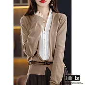 【Jilli~ko】秋冬新款假兩件V領拼色長袖羊絨感針織衫 J9578 FREE 深卡其