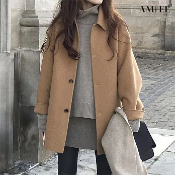 【AMIEE】時尚顯瘦毛呢大衣外套(KDCQ-0034) L 駝色