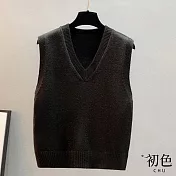 【初色】V領寬鬆甜美針織背心上衣-共4色-63896(F可選) F 黑色