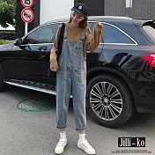 【Jilli~ko】韓版復古百搭高腰顯瘦直筒牛仔吊帶褲 J9637 FREE 藍色