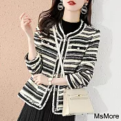 【MsMore】 新款時尚韓版小香風貝珠氣質黑白條紋撞色長袖圓領毛呢短版外套# 114433 M 黑白