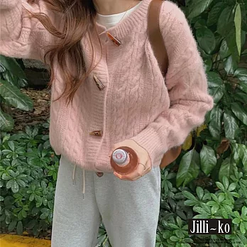 【Jilli~ko】日系牛角扣短款圓領麻花針織毛衣 J9660  FREE 粉紅色