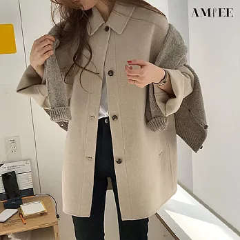 【AMIEE】時尚顯瘦毛呢大衣外套(KDCQ-0034) M 杏色