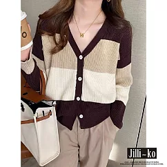 【Jilli~ko】法式新款V領條紋設計感寬鬆針織開衫 J9671 FREE 咖啡色