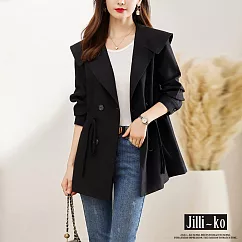 【Jilli~ko】大翻領雙排釦抽繩束腰短款風衣西裝外套 J9706 FREE 黑色