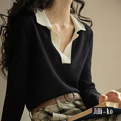 【Jilli~ko】法式優雅復古翻領撞色寬鬆針織衫 J9729 FREE 黑色
