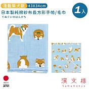 【日本濱文樣hamamo】日本製雙重棉紗絨布長方形手帕/毛巾 -淺藍柴犬款