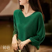 【初色】寬鬆素色V領休閒泡泡袖針織衫上衣-共3色-64340(F可選) F 綠色