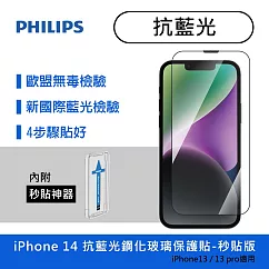 【Philips 飛利浦】iPhone 14 6.1吋 抗藍光9H鋼化玻璃保護貼─秒貼版 (適用iPhone 13/13 Pro) 透明