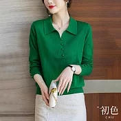 【初色】針織小鈕扣襯衫領造型長袖T恤上衣-共4色-65190(F可選) F 綠色