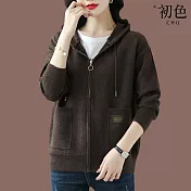 【初色】休閒連帽針織毛衣開衫保暖外套上衣-共4色-65656(F可選) F 咖啡色