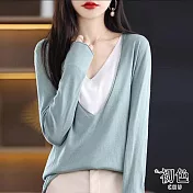 【初色】大V領羊毛衫毛衣寬鬆針織衫長袖外搭上衣-共6色-64202(F可選) F 藍綠色