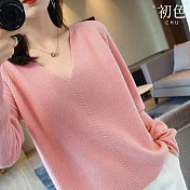 【初色】素色V領寬鬆休閒柔軟親膚針織衫上衣-共4色-65102(F可選) F 粉紅色