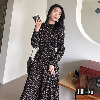 【Jilli~ko】冬季新款縮口領鬆緊腰碎花連衣裙 J9809  FREE 黑色