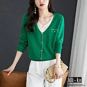 【Jilli~ko】假兩件V領高級感寬鬆薄款打底針織衫 J9823  FREE 綠色