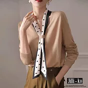 【Jilli~ko】V領優雅波點撞色領巾裝飾針織衫 J9821 FREE 淺卡色