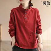 【初色】燈芯絨復古立領寬鬆長袖T恤上衣-共3色-64449(M-2XL可選) L 紅色