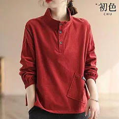 【初色】燈芯絨復古立領寬鬆長袖T恤上衣─共3色─64449(M─2XL可選) L 紅色