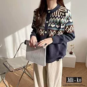 【Jilli~ko】幾何配色圖案開扣針織衫 5509  FREE 深藍色