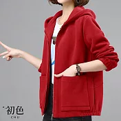 【初色】素色大碼寬鬆加絨加厚拉鍊連帽休閒外套-共4色-65611(M-2XL可選) XL 紅色