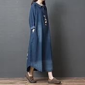 【慢。生活】文藝復古大碼寬鬆襯衫領牛仔連衣裙 11551  FREE 藍色