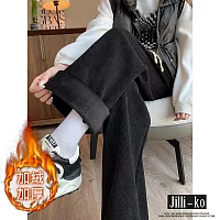 【Jilli~ko】加絨歐棉絨口袋寬鬆抽繩百搭直筒休閒闊腿褲 J9793-1  FREE 黑色