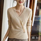 【Jilli~ko】V領圍裹式造型收腰顯瘦修身坑條針織衫 J9904 FREE 杏色