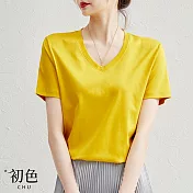 【初色】V領素色修身百搭T恤上衣-共8色-62786(M-2XL可選) L 黃色