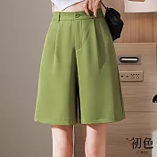 【初色】中大碼薄款冰絲涼感高腰闊腿西裝短褲-共4色-62812(M-2XL可選) L 綠色
