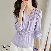 【初色】透氣V領收腰長袖上衣-共2色-63332(M-2XL可選) 2XL 紫色