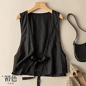 【初色】寬鬆棉麻風系帶背心外套-共4色-63249(M-2XL可選) XL 黑色