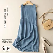 【初色】圓領棉麻風不規則拼接無袖洋裝-共3色-63227(M-2XL可選) L 藍色