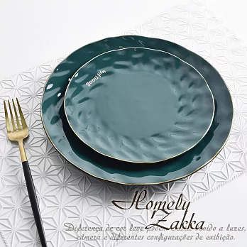【Homely Zakka】北歐輕奢風錘紋金邊陶瓷餐盤碗餐具_小圓平盤(3色任選) 祖母綠