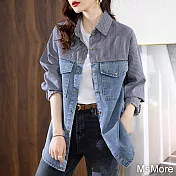 【MsMore】 時尚牛仔拼接氣質條紋百搭韓版寬鬆長袖中長版襯衫上衣# 115610 M 藍色