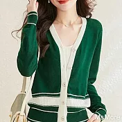 【MsMore】 綠色針織開衫v領拼接減齡寬鬆顯瘦長袖毛衣薄外套# 115621 FREE 綠色